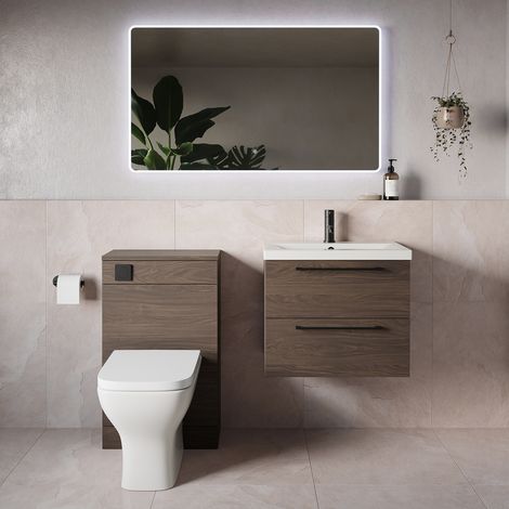 Napoli 390 Brown Oak 1100mm Wall Mounted 2 Drawer Vanity Unit and Toilet Suite with Glide Basin - 1100mm - Matt Black 320mm HandleWith Kingston Toilet Pan and Seat