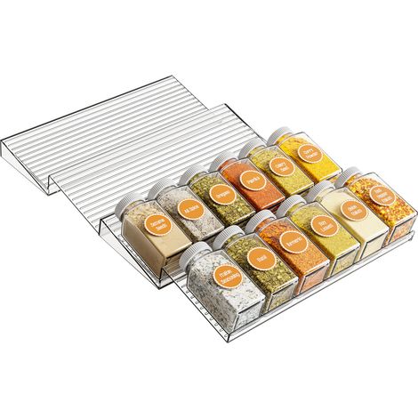 Gewürzschubladen-Organizer für die Küche, Gewürzregal für Schubladen, Gewürzhalter für Schubladen, ausziehbar von 27 bis 55 cm, Gewürzaufbewahrungsschublade für die Küchenarbeitsplatte, Acryl, 4-teili