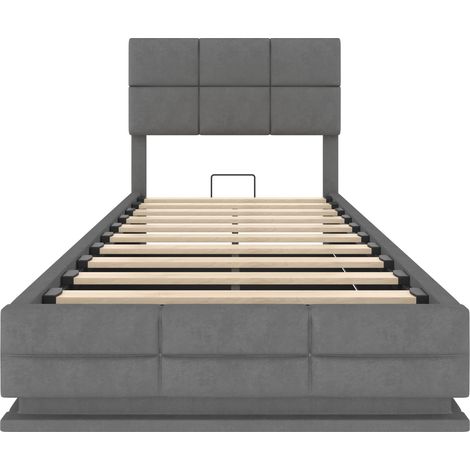 Cama tapizada 90x200 cm en terciopelo gris con LED, USB/Type-C y arcón (1/5)