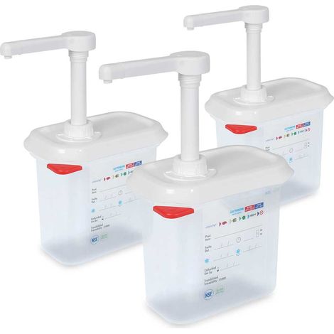 BRB 3x Pumpspender für Saucen, 1,5 Liter, pro Hub 30 ml, mit dichtschließendem Deckel, PP, LxBxH 176x108x190 mm