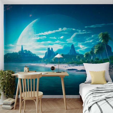 Papier Peint Futuriste - Plage Exoplanète & Lune Géante - 150 x 250 cm (1/2)