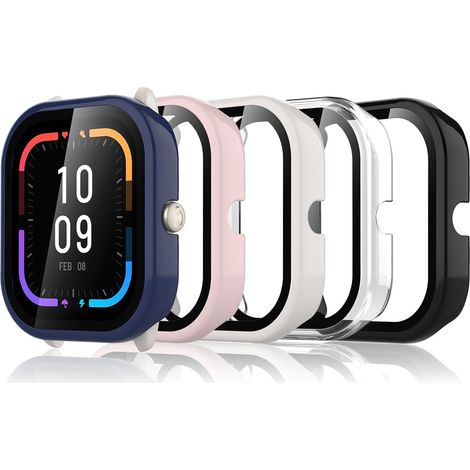 Lot de 5 Coques de Protection compatibles avec Amazfit GTS 4 Mini, Coque Rigide en PC avec Protecteur d'écran, Coque Ultra Fine HD avec Verre trempé – Transparent, Noir, Bleu, Rose, Blanc (1/5)