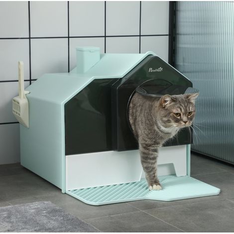 Geschlossenes Katzenklo im Hausdesign mit Siebmatte, Schaufel, herausnehmbarer Wanne, Grün, OKWISH (1/5)