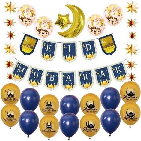 1 Ensemble décoration Ramadan, Bannière Eid Mubarak, Ballons latex et paillettes, Lune et étoile, Fête musulmane maison jardin (1/4)