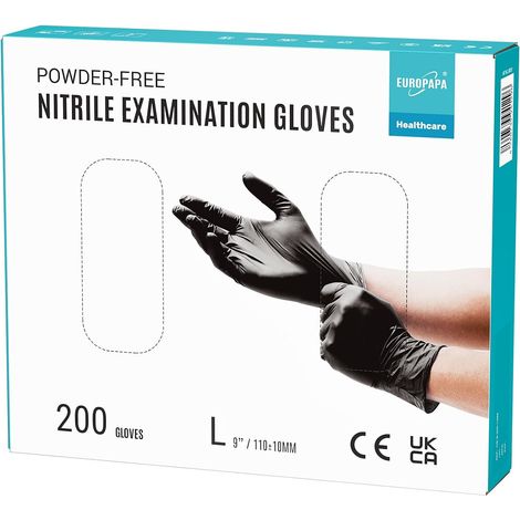 Lot de 200 gants jetables en nitrile sans poudre EN455 EN374 - Sans latex - Tailles S, M, L et XL disponibles (L, Noir) (1/5)