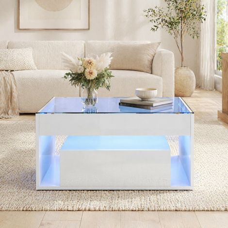 Tavolino da salotto 70x70x35 cm in MDF bianco con contenitore e LED FloraGrace (1/5)