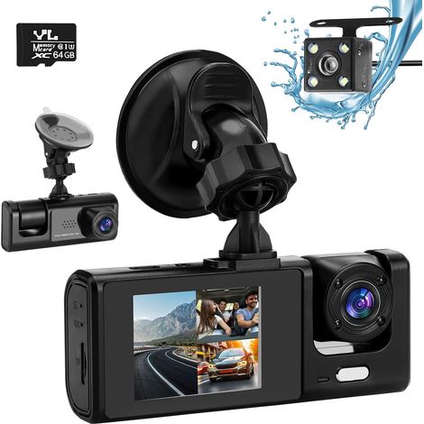 Autofront und Innenraum mit Akku, 1080P+720P+1080P FHD 3-Kanal-Dashcam, G-Sensor, Parkmodus, HDR, IR-Nachtsicht, Weitwinkel, 64 GB SD-Karte (1/5)
