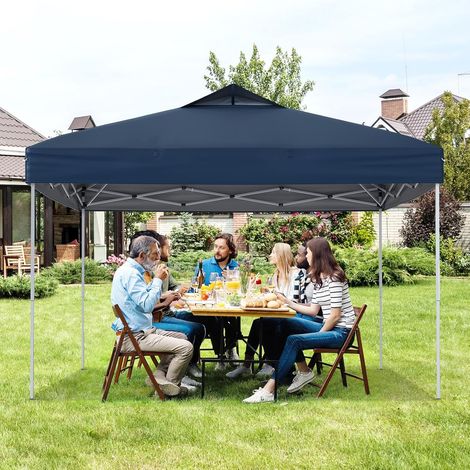 GOPLUS Tonnelle de Jardin Exterieur 3x3 M, Tonnelle Pliante Portable 255/265/275 CM avec Sac Transport, Cordes à Vent et Piquets, Protection Solaire, Toit Ventilé (Marin) (1/5)