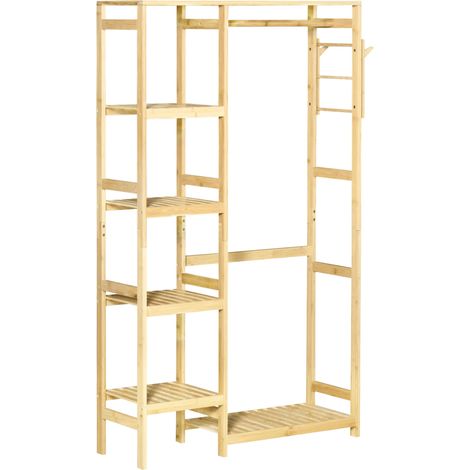 HOMCOM Portant à Vêtements Bambou Penderie Porte-Manteaux avec étagères, Tringle et 2 patères - dim. 90L x 30P x 155H cm
