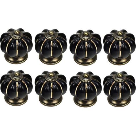 8 x Boutons de tiroir en céramique bouton de meuble forme citrouille pour tiroirs et placards de cuisine (Noir) (1/4)