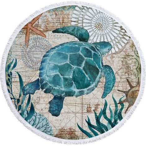 Serviette de Plage Ronde en Microfibre pour Couverture de Plage, Serviette de Bain, Tapis de Yoga, Couverture de Camping, Couverture de Pique-Nique,150 cm (Bleu-Tortue) (1/4)