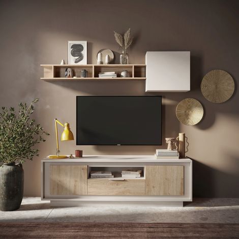 Meuble tv contemporain 180cm beige et bois clair YORI (1/5)