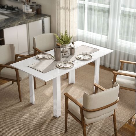 Table extensible à manger 120-160 x 80 x 78 cm, MDF blanc brillant, 4 à 6 personnes DESVIAE (1/5)