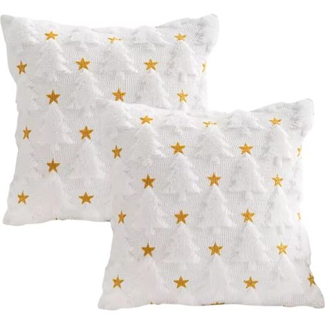2 pièces Housses de Coussin de noël Arbre noël et étoile taie Coussin en Peluche Douce taie d'oreiller d'hiver pour décoration canapé Chambre à Coucher Vacances, Blanc (1/5)