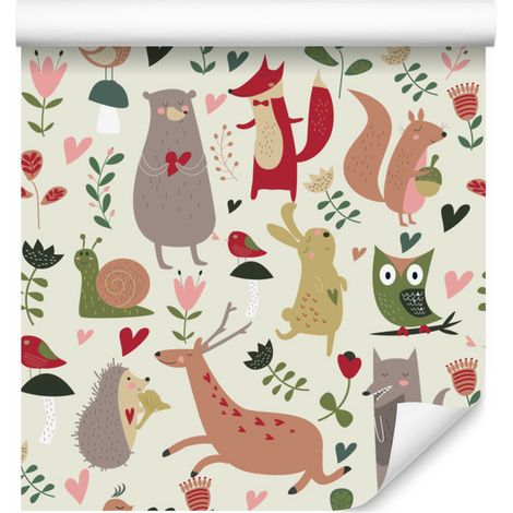 Carta da parati con animali del bosco e cuori per soggiorno e camera da letto, 50x1000 cm (1/5)