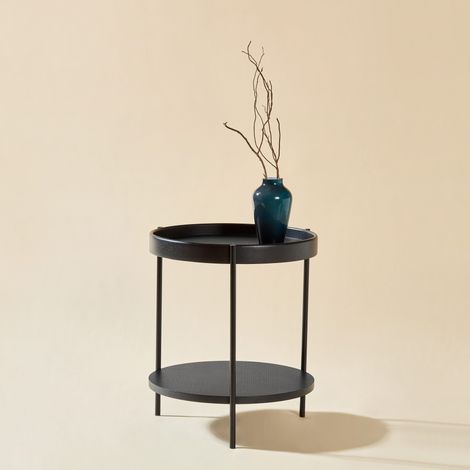 Table basse ronde à double plateau en bois et MDF noir, structure en métal stable, design moderne avec rangement ouvert pour le salon – de FLORAGRACE (1/5)