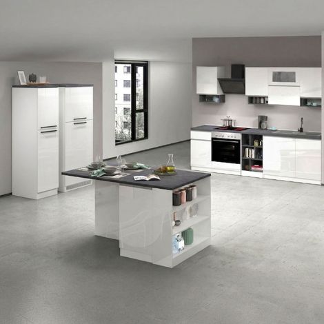 Dmora - Cucina completa Balme, Set con dispensa, Mobile per cucinotto, Kit blocco con isola e portafrigo, 100% Made in Italy, Bianco lucido e Ardesia