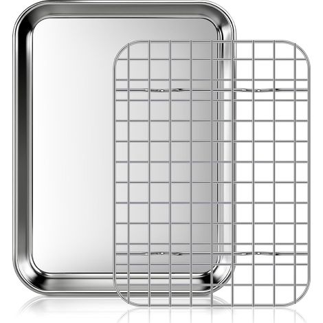 Plaque de Cuisson avec Grille de Refroidissement: Plaques et Grilles pour Cuisson au Four en Acier Inoxydable, Plat Four pour Rôti la Maison Cuisine Barbecue 23,5x17,5x2,5cm (1/5)
