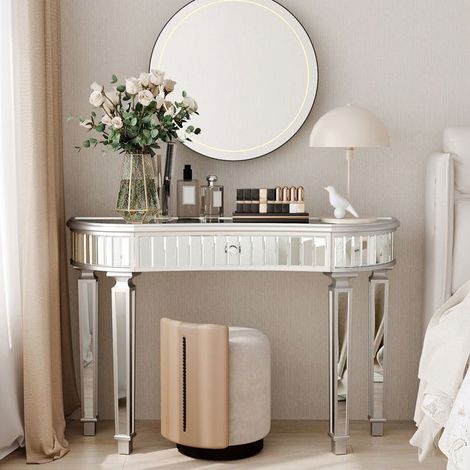 Table Basse avec Rangement forme demi-lune style moderne Table de Salon effet miroir verre strié tiroir poignée cristal (1/5)