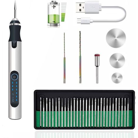 Stylo de gravure électrique sans fil, stylo de micro-gravure avec jeu de disques de ponçage et 30 pointes de meulage, mini outil de gravure professionnel rechargeable par USB pour bijoux, bois, métal, (1/5)