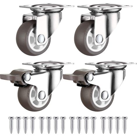 Roulettes Pivotantes Avec Frein 25Mm En Caoutchouc Castor Roues Pour Meubles Avec Capacité De 44Kg, Roulettes Pour Meubles, Roues Industrielles, 2 Avec Freins + 2 Sans Freins, Gris (1/5)