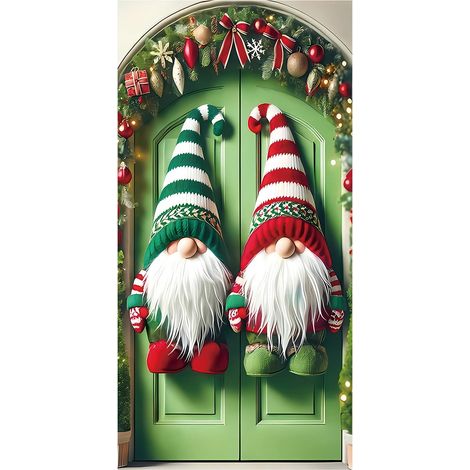 Guirlande Porte De Noël - Décor Suspendu Pour Porte D'Entrée Ou Porche - Motif Nain De Jardin - Arrière-Plan Photo Hivernal - 71x35 Pouces (1/5)