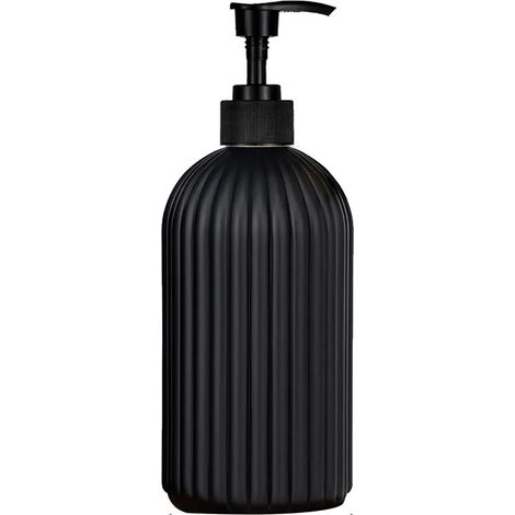Flacon distributeur de savon noir mat 500 ml pour douche, rechargeable, pour shampoing, après-shampoing et gel douche, avec étiquette en bois. (1/5)