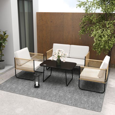 4-Teiliges Gartenmöbel-Set – 2-Sitzer-Sofa + 2 Sessel – Couchtisch aus Glas – Inkl. Kissen – Cremeweiß