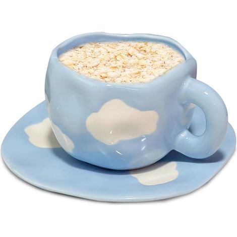 Set aus unregelmäßig geformten Keramiktassen und Untertassen handbemalte Kaffeetassen mit Wolkenmotiv 250 ml ein originelles Geschenk für Ihre