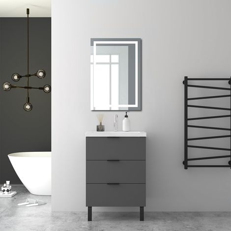 AICA Ensembles de meubles de Salle de Bain 60cm avec Pieds, et vasque en céramique, 3 tiroirs, Anthracite, Style Moderne (1/5)