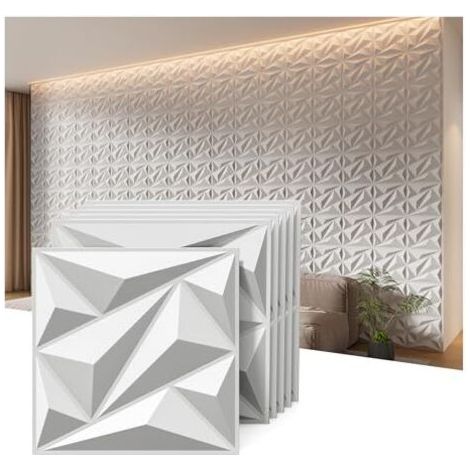Pair 12 panneaux muraux 3D en PVC à motif diamant, revêtement mural décoratif intérieur 30 cm x 30 cm (3 m²) pour fond de télévision, chambre, salle de jeux (Z1-Blanc) (1/5)