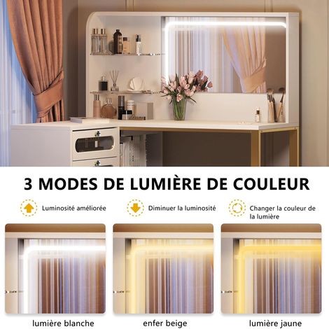 Coiffeuse avec miroir led, Coiffeuse avec Miroir et Tabouret – Design Blanc en L, Parfaite pour Votre Coin Beauté — vue 3