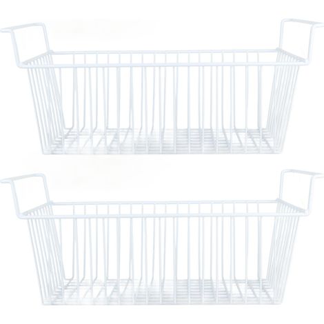 Lot de 2 paniers de rangement pour congélateur en fil d'acier, grande capacité et robustes, avec poignée, pour placards et plans de travail. Dimensions : 56,5 x 25,2 x 24 cm (L x l x H). Poignée de 7  (1/5)