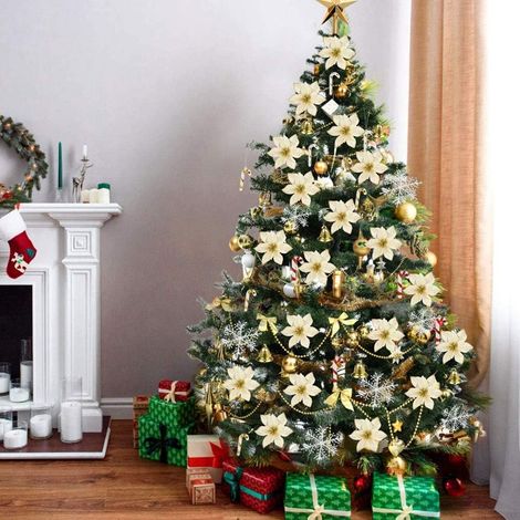 JSSEVN - 120pcs Décorations de Noël Ensemble D'ornements, Fleur de Sapin de Noël Artificielle avec Clip, Fleurs de Noël avec Arc, Flocon de Neige, Cloche(Doré) (1/5)