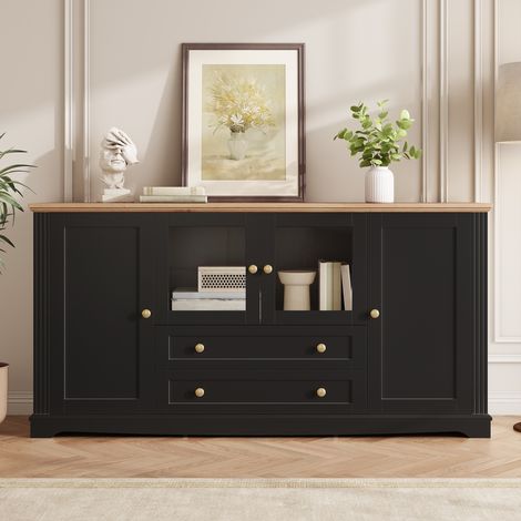 Aparador 160 x 40 x 80,5 cm - buffet moderno, 4 puertas, 2 vitrinas de cristal, luces led app, 2 cajones - mdf - negro (1/5)