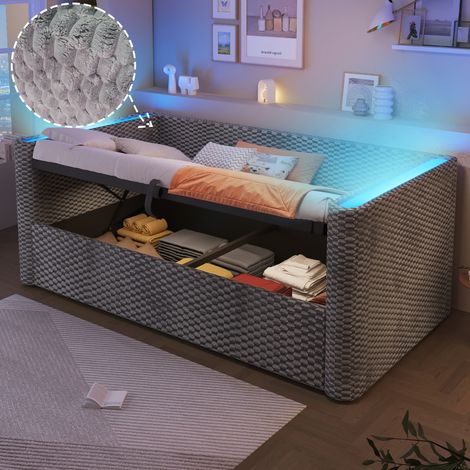 Divano letto, 90 x 200 cm, con illuminazione a LED, con meccanismo di avvolgimento idraulico, base a doghe (senza materasso), velluto, grigio