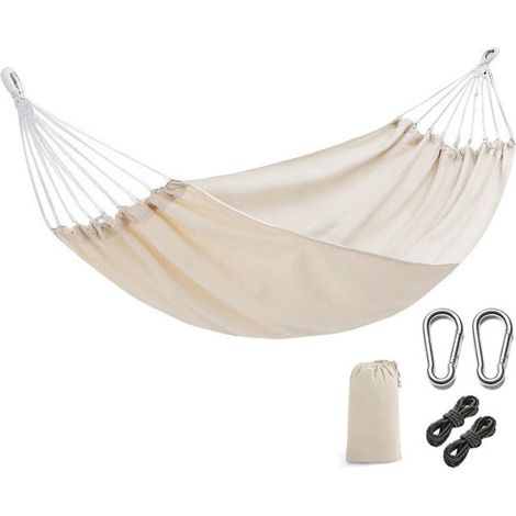 Hängematte 190 x 80 cm, maximale Belastung 300 kg, Outdoor-Schaukelhängematte mit Tragetasche, Seil und Karabiner, beige