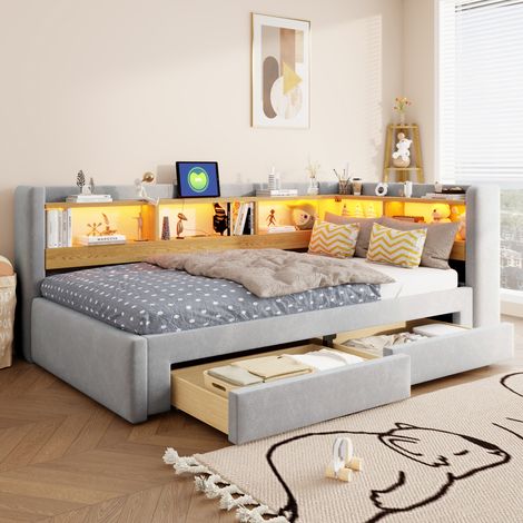 Lit gigogne 90x200 cm 3 en 1, rangement, led, prise électrique, banquette lit extensible 180x200 cm en velours - Gris (1/5)