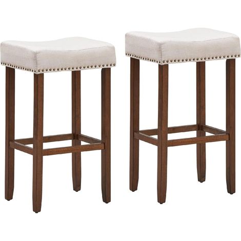 COSTWAY Sgabello a Sella in Legno Massello a 2 Pezzi, Sgabello da Cucina Altezza da Banco (74 cm), Nailhead-Sgabello da Bar con Poggiapiedi, Perfetto per Cucina, Bar, Capacità di Carico: 120 kg, Beige (1/5)