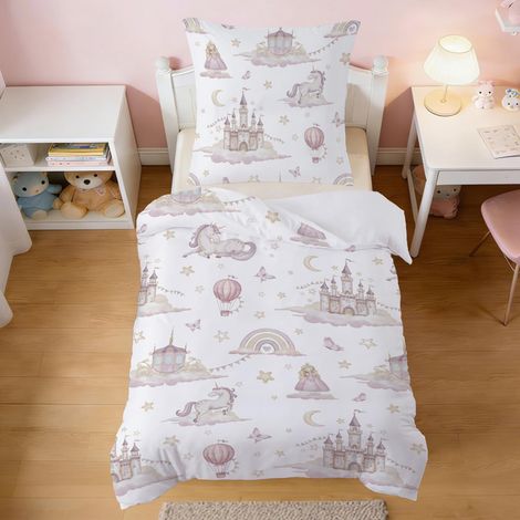 Housse de Couette Licorne140x200 Parure de Lit Enfant Fille Princess-Château-Chariot 3D Imprimé, Parure Lit 1 Personne en Microfibre avec Taie d'oreiller 65x65cm Cadeau Fête Anniversaire (1/5)