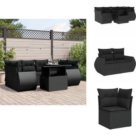 Salon de jardin 7 pcs avec coussins noir résine tressée - Ensemble Salon De Jardin - Meuble Extérieur - Jardin Design - Mobilier Résistant Aux Intempéries - Chaise Longue Pliable (1/5)