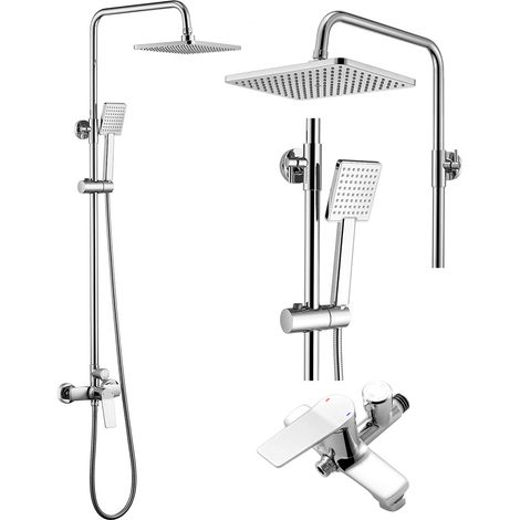 Auralum Columna de ducha con Ducha Monomando Cromo, Conjunto de ducha con Ducha de Lluvia y Ducha de Mano, Altura ajustable tras la instalación 900-1240mm (1/9)