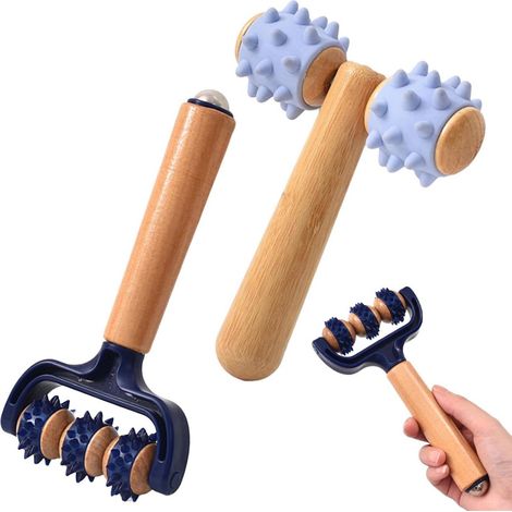 Massageballen - Rodillo Masaje Madera con Mango - Para Alivio Muscular Espalda Piernas Brazos Hombros - Bambú y TPR - 2 Unidades - 18,5x9,5 cm y 14x11x4,5 cm (1/5)