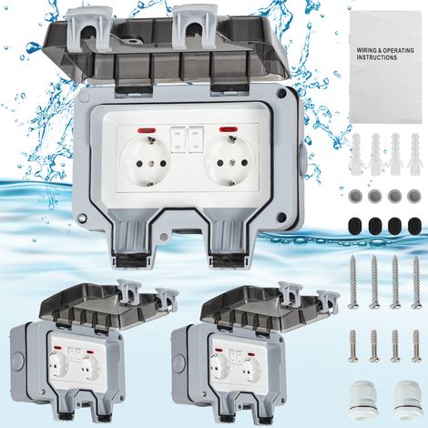 Jiubiaz 3X Außensteckdose Gartensteckdose Outdoor Steckdose IP66 16A Wasserdicht Staubdicht Wandsteckdose 2 Loch mit Schalter
