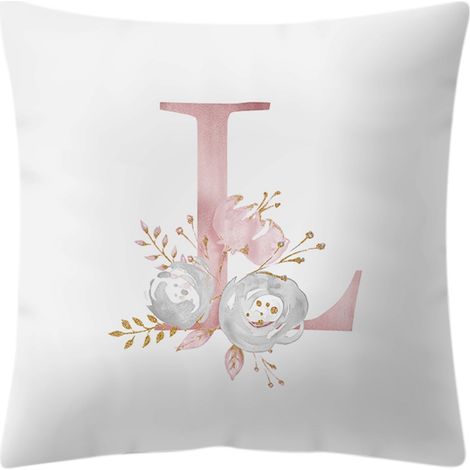 JINFGERNE Dekokissenbezug 45 x 45 cm mit englischem Alphabet und rosa Blumen auf weißem Hintergrund - Ideal für Sofa und Bett (1/5)