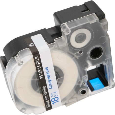 Compatible avec les imprimantes d'étiquettes Epson, ruban de 18 mm, et les imprimantes Kingston Sticker SR230C, fond blanc de 18 mm avec texte bleu. (1/5)