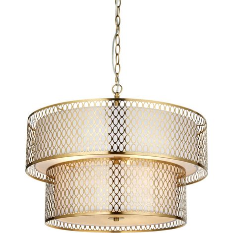 Endon Cordero Suspension cylindrique effet plaque dorée, tissu blanc et verre dépoli, 6 ampoules E27