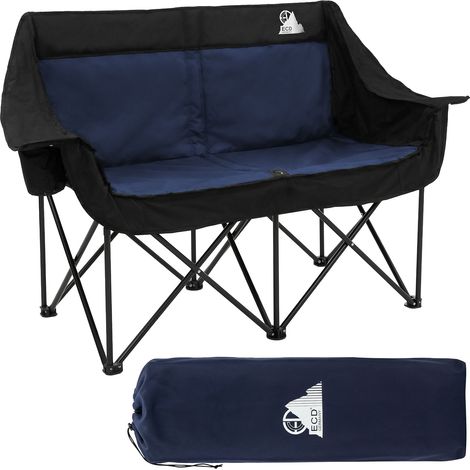 ECD Germany Campingstuhl faltbar für 2 Personen, Campingsofa 2-Sitzer mit Stahlgestell, Blau, Doppel Klappstuhl mit Tasche/Getränkehaltern, Faltsofa gepolstert, Campingcouch für Outdoor Camping Angeln