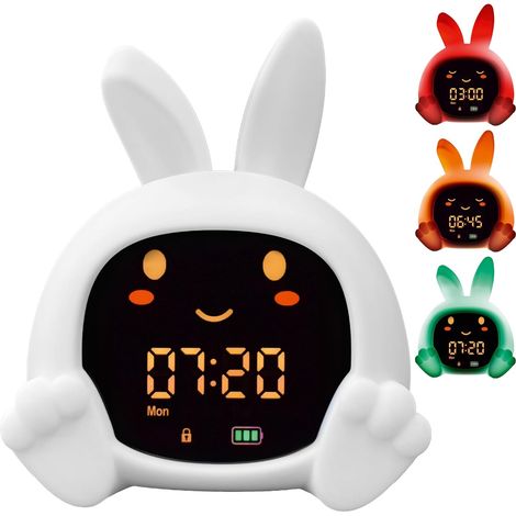 Réveil Éducatif Enfant Rechargeable – Veilleuse LED 5 Couleurs, Machine à Sons, Horloge Jour/Nuit, Réveil Pédagogique avec Yeux, USB Inclus (1/5)