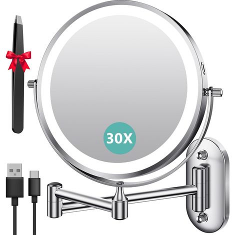 Miroir Grossissant Mural Rechargeable 3200 mAh 1X/30X, Argenté Bouton tactile double face, bras extensible rotatif 360°, 3 lumières, intensité réglable, idéal pour salle de bain et chambre (1/5)